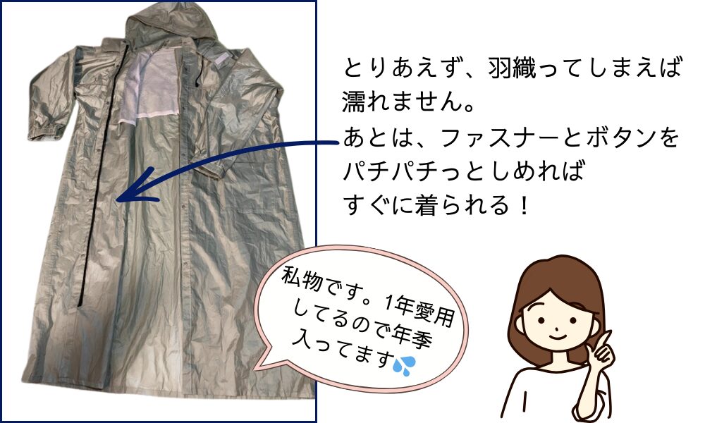 愛用しているレインコート。「とりあえず、羽織ってしまえば濡れません。あとはファスナーとボタンをパチパチっとしめればすぐに着られる」